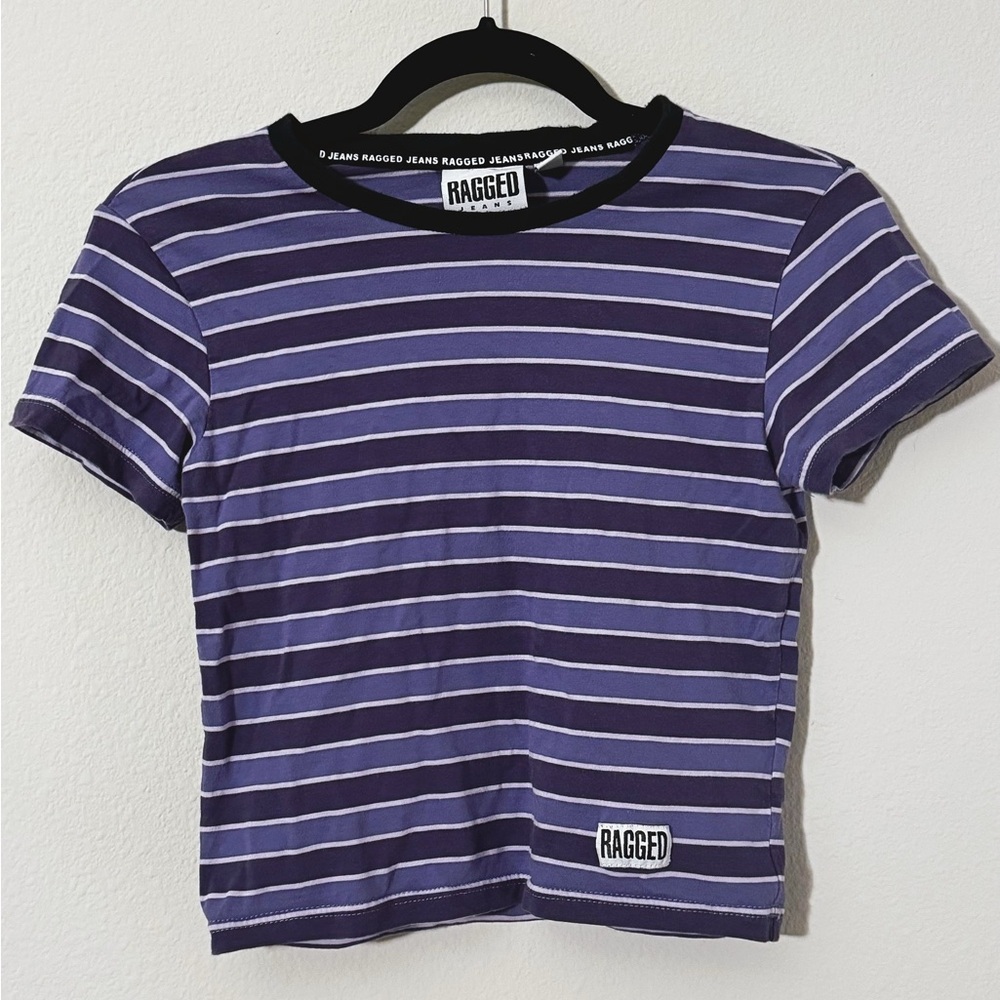 Purple and White Striped Fitted Crop T-Shirt
